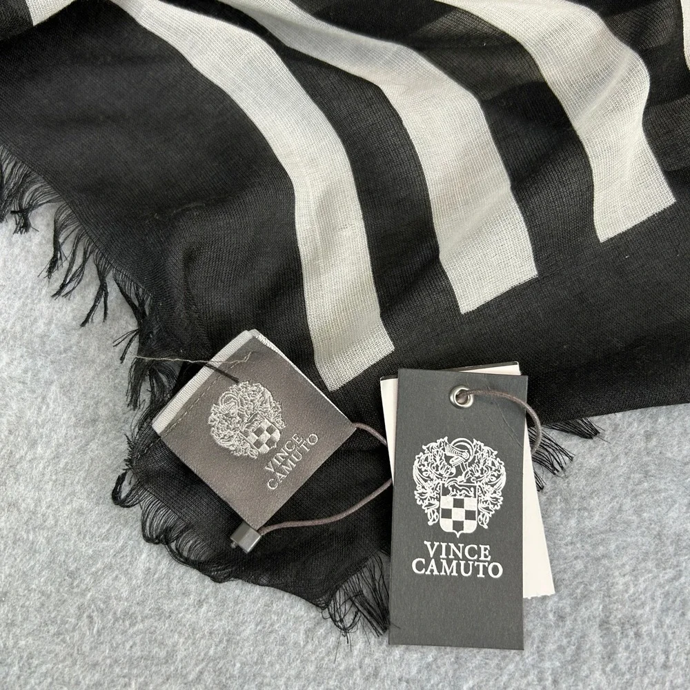 Vince Camuto Scarf Black White Geometric Striped Fringe Wrap 78